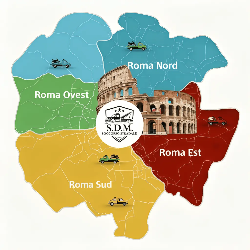 soccorso stradale SDM di Simone Amata Mappa di copertura del servizio di soccorso stradale Roma con logo SDM.