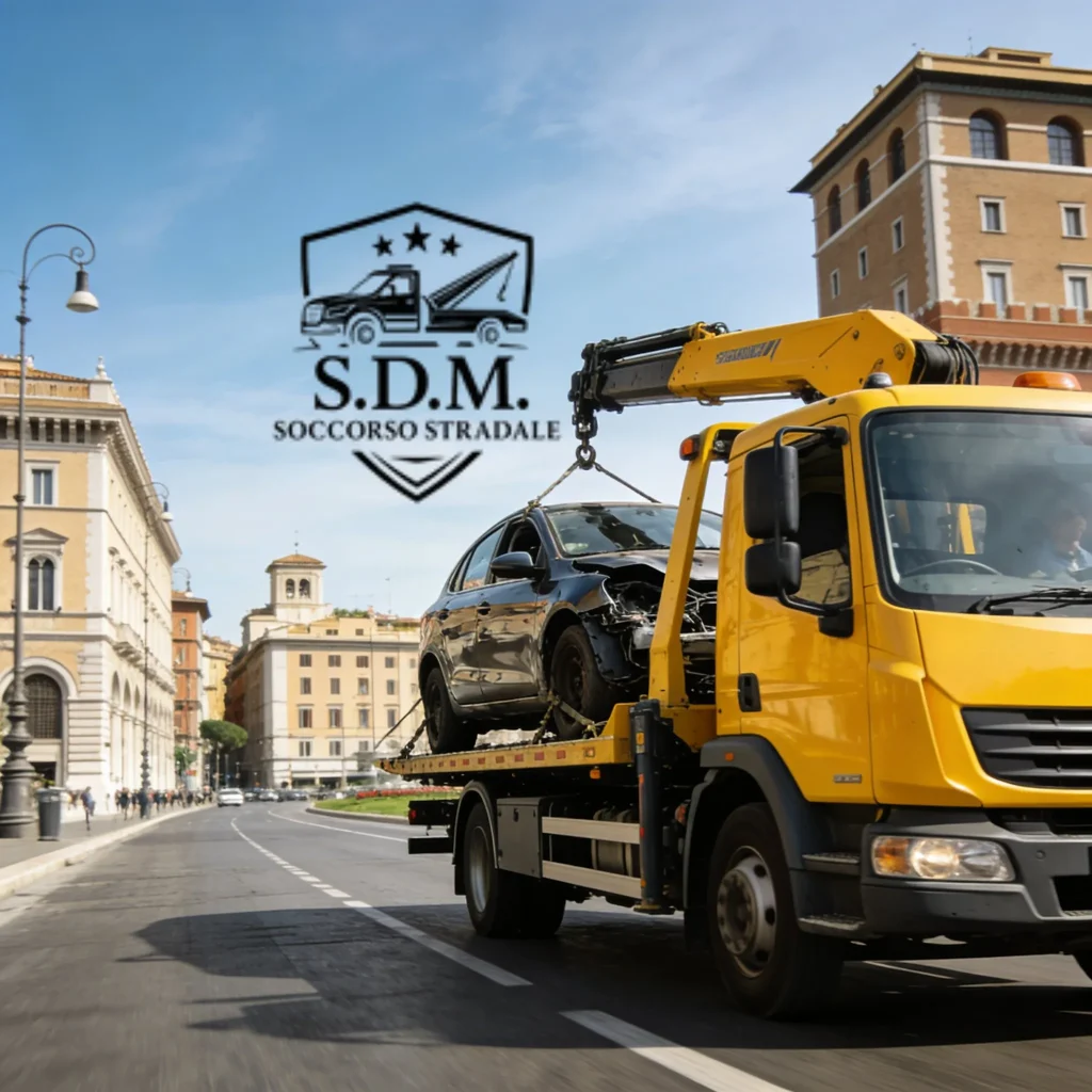 Un carroattrezzi giallo di SDM Car SRLS in servizio di soccorso stradale Roma prezzi convenienti.
